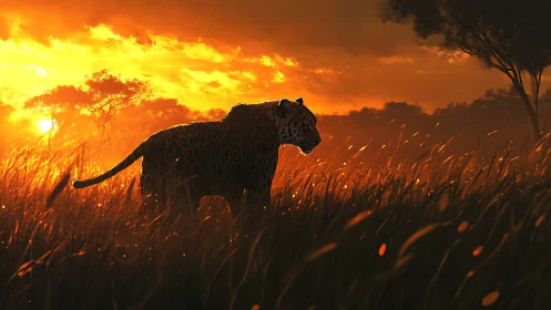Melanistic Feline Silhouette Against Auroral Savanna Landscape.