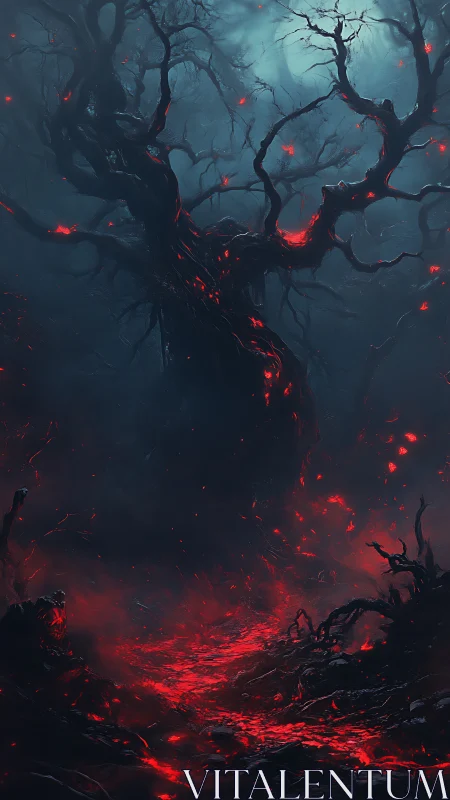 Volcanic bloodlit tree in fog-dense infernal forest night