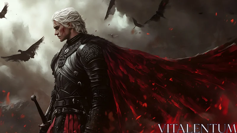 Digital painting of armored silver-haired warrior in stormscape.