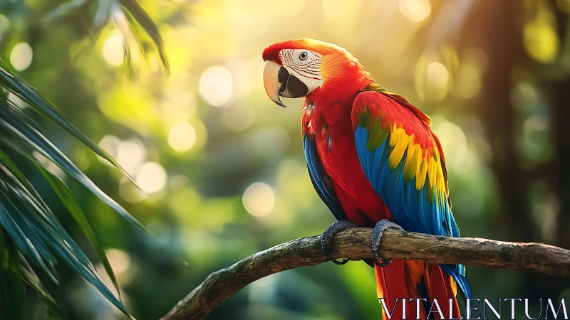 Vibrant Scarlet Macaw on Jungle Branch, Sunlit Nature Scene.