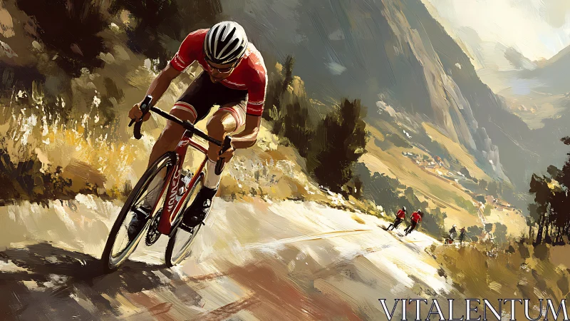 Dynamic digital painting of cyclists on sunlit alpine ascent.