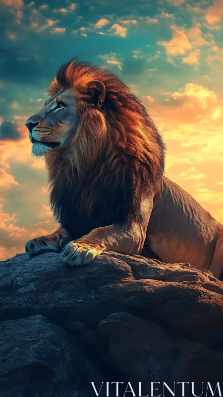 Majestic lion rendered in dramatic sunset photorealism
