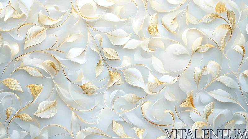 Light gold abstract leaves on soft white swirling background.