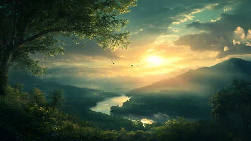 Golden sunrise over a peaceful river valley of soft mist.