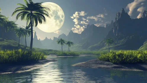 Fantasy Landscape with Full Moon, River, and Mountain Peaks