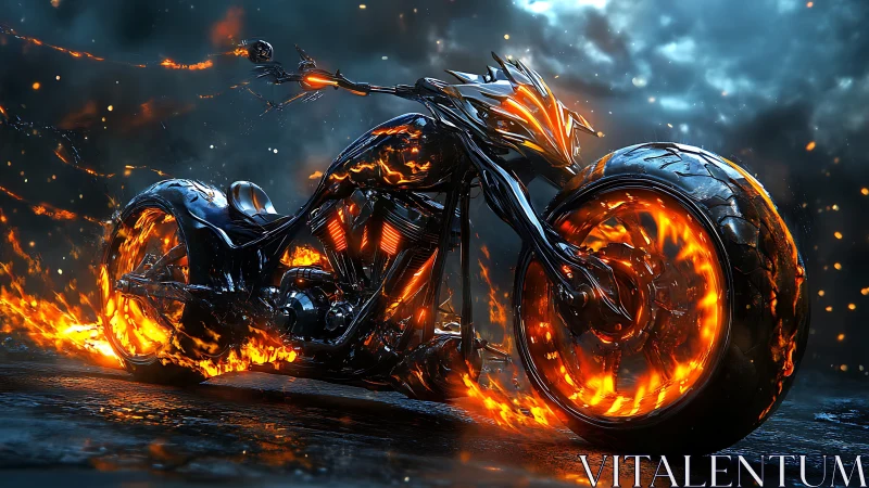 Flaming bio-mechanical chopper motorcycle on wet asphalt at night.