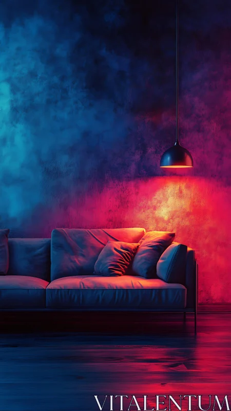 Cozy modern sofa glows under vibrant blue and red light