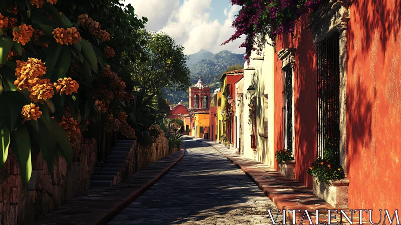 Sunlit colonial street renders detailed cobblestone perspective