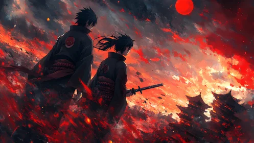 Crimson sky samurai watching burning clouds over temples.