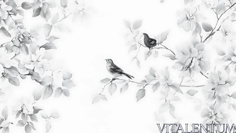 Ink-wash songbirds on floral branches in negative space composition.