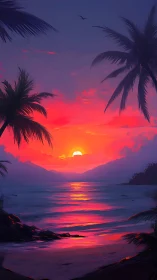 Tropical digital seascape with neon sunset horizon glow.