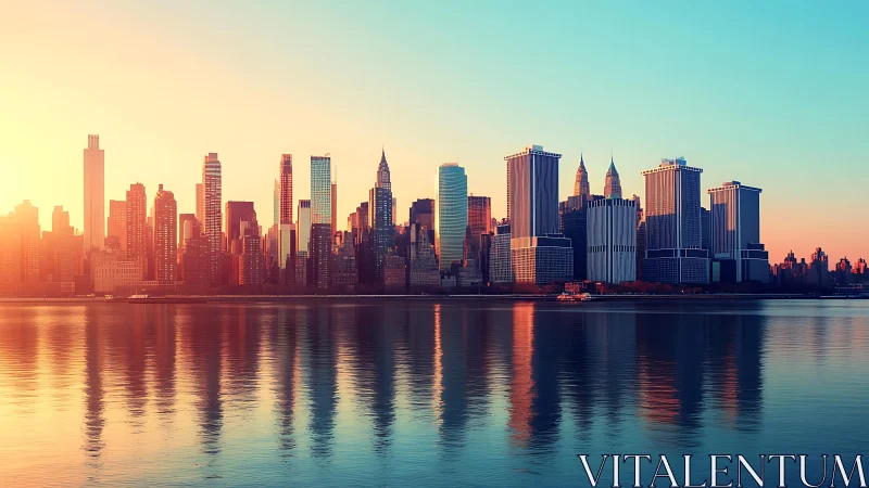 Sunlit city skyline casts vivid reflections across water.