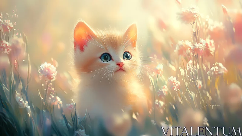 White Kitten in Golden Flower Field