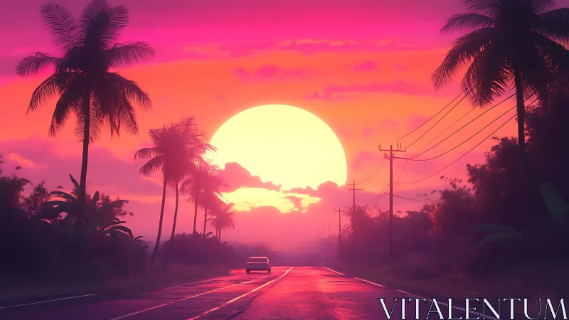 Neon tropical highway at dusk with oversized retro sun sphere