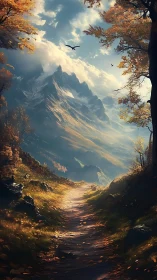 Mountain trail under autumn trees and dramatic sky.