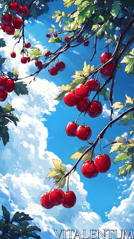 Cherry branches hang against bright blue sky with clouds