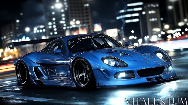 Turbocharged blue race car glows on slick neon city streets.