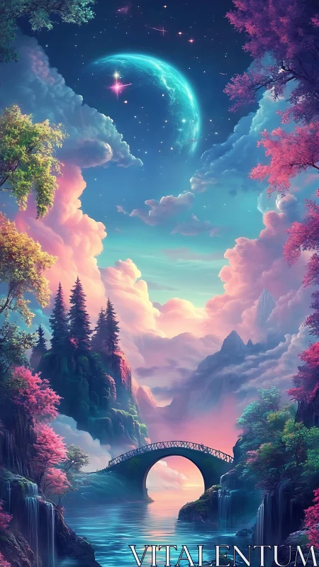 Luminous celestial valley with arched bridge in fantasy palette.