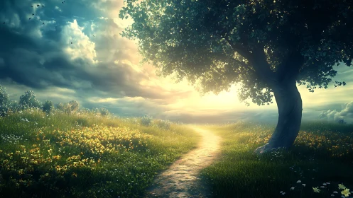 Backlit country path curves through meadow under volumetric sky
