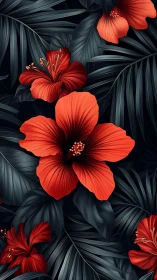 Red Hibiscus Flowers on Dark Striped Foliage.
