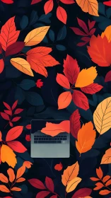 Laptop rests among vibrant autumn leaves on dark backdrop