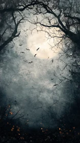 Lunar backlit thicket with circling bats and ember foliage.