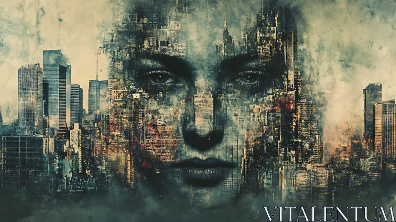 Urban skyline dissolves into a haunting human facescape.