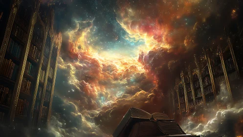 Expansive digital library scene intersects with luminous sky