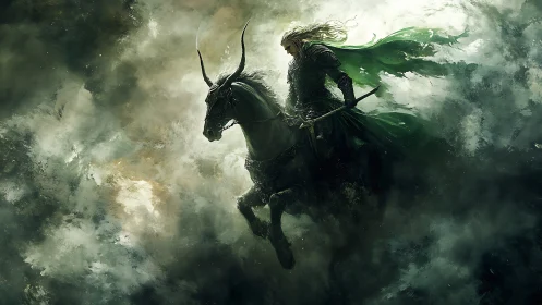 Emerald-cloaked elven knight rides through storm clouds.