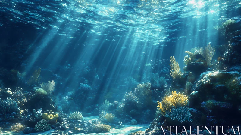 Sunlit coral reef glows gently beneath calm ocean waves