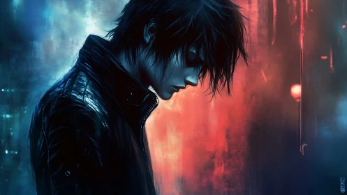 Moody profile portrait in neon blue red rim lighting with glossy jacket