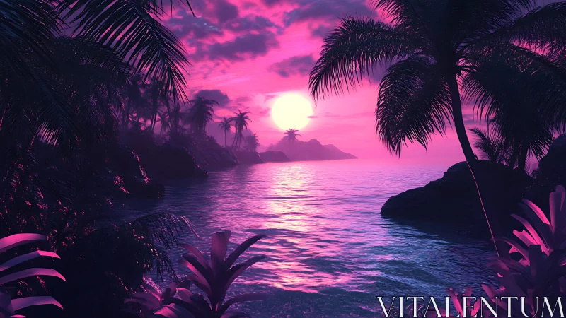Neon twilight swallows a tropical cove in electric magenta glow