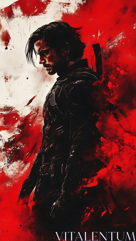 Brooding warrior framed in crimson storm of memory and fire.