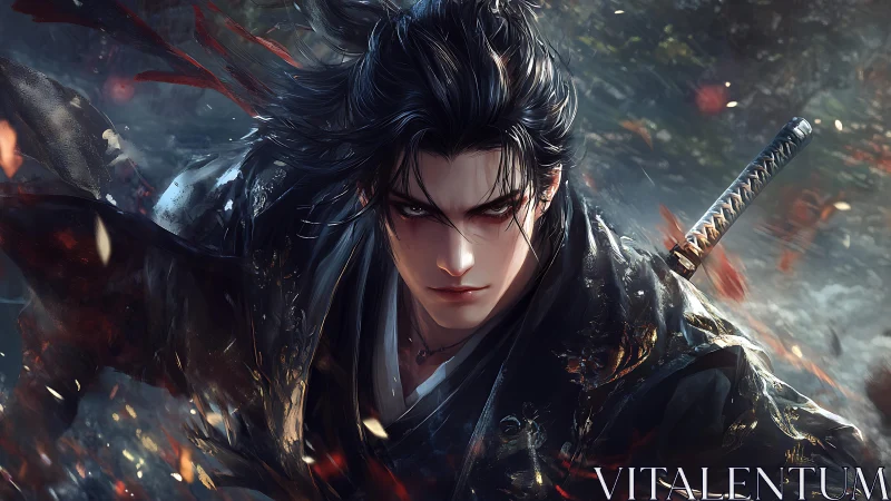 Dynamic samurai portrait in cinematic digital painting style.