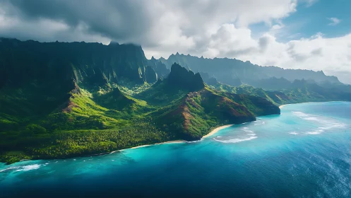 Kauai Na Pali Coast aerial view with turquoise water and green cliffs
