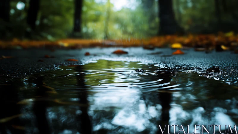 Rain ripple on forest path with fallen autumn leaves.