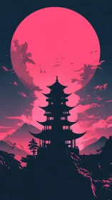 Moon-bloomed pagoda keeps watch beneath a neon horizon