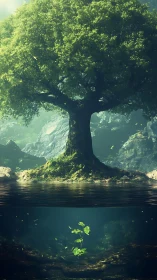 Ancient forest tree rises above water while hidden roots bloom