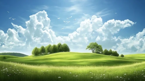 Layered cumulus sky over luminous grassy hills with clustered trees