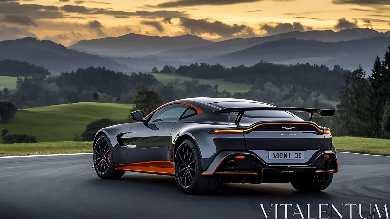 Track‑ready grey supercar under layered sunset sky.