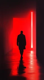Silhouetted figure walks toward neon red portal in darkness.
