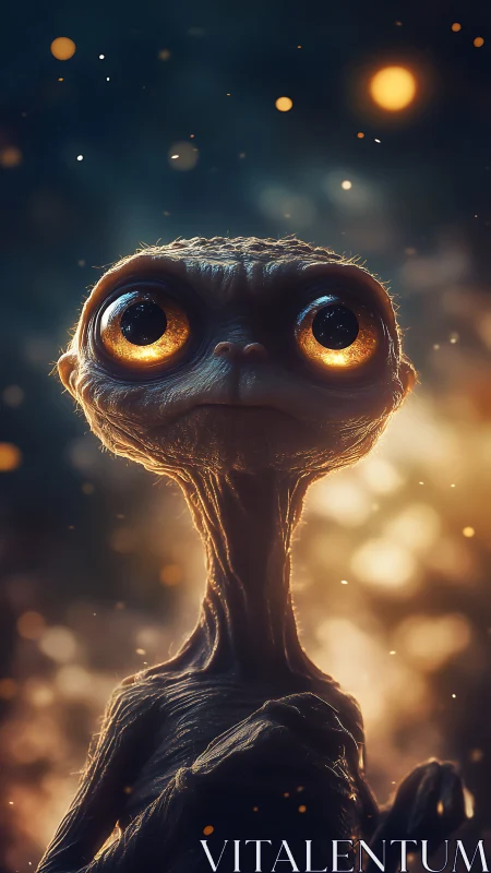 Digital painting of luminous-eyed alien in bokeh cosmos.