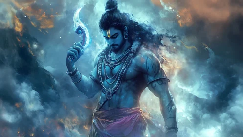 Divine blue warrior holds glowing blade in storm clouds.