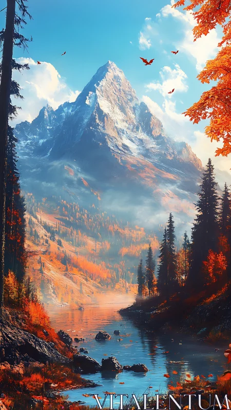 Mountain lake landscape shows autumn forest and distant peak