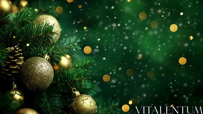 Green fir branches display gold ornaments and blurred lights