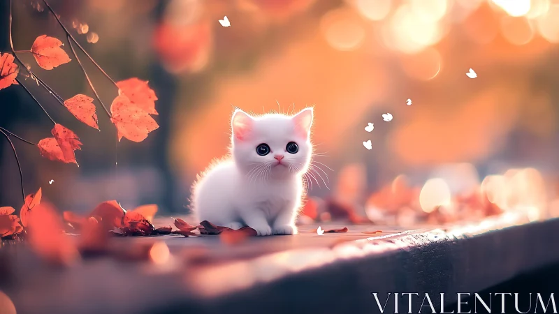 White kitten positioned on wooden surface among autumn foliage