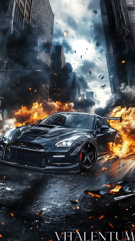 Fire-drifting midnight supercar storms a shattered cityscape.