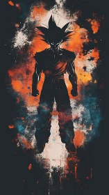 Silhouetted warrior rendered against high contrast splatter field