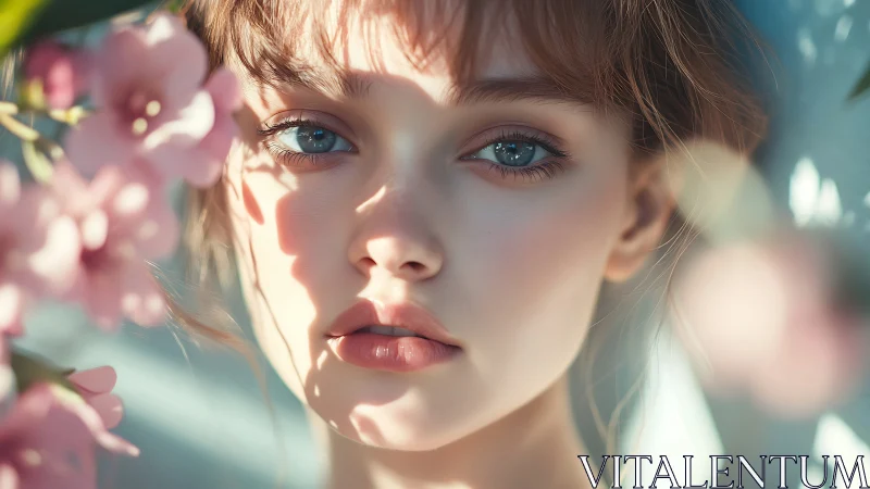 Soft spring portrait frames serene gaze in dappled light.