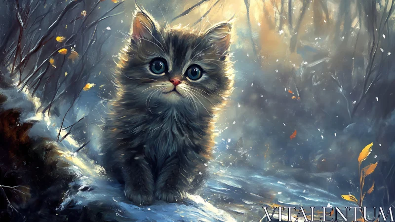 Ethereal Kitten in Luminous Autumn Forest.